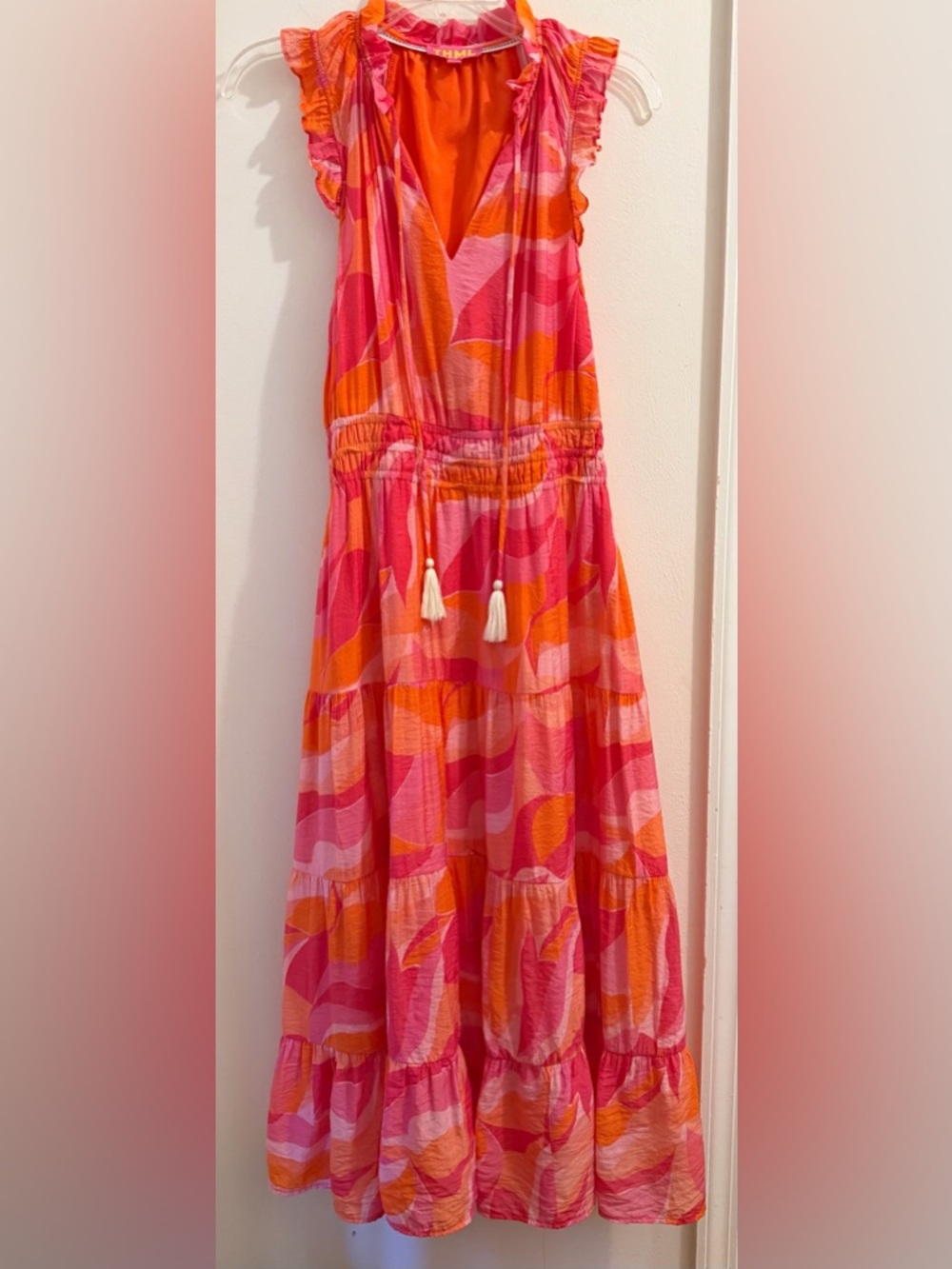 THML Pink & Orange Crinkle Fabric Ruffled Tiered Maxi Dress